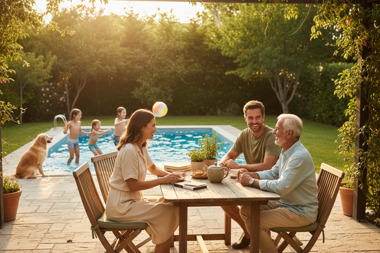 elabora una imagen de una familia, padre, madre, hijos, y un abuelo. Mascota que esten en el patio de una casa con pasto , los niños en una piscina y los tres adultos disfrutando en una mesa de terraza felices conversando, el perro debe estar cerca de la piscina con los niños, debe ser una imagen que inspire tranquilidad, felicidad